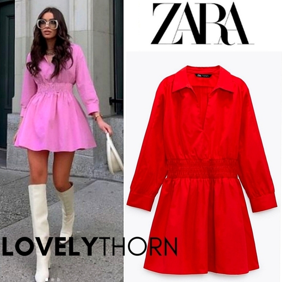 Zara Dresses & Skirts - ZARA // retro-chic red poplin collar smock waist long sleeve plunge mini dress